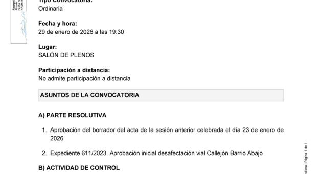Convocatoria a Pleno sesión ordinaria, jueves 29 de enero a las 19:30h
